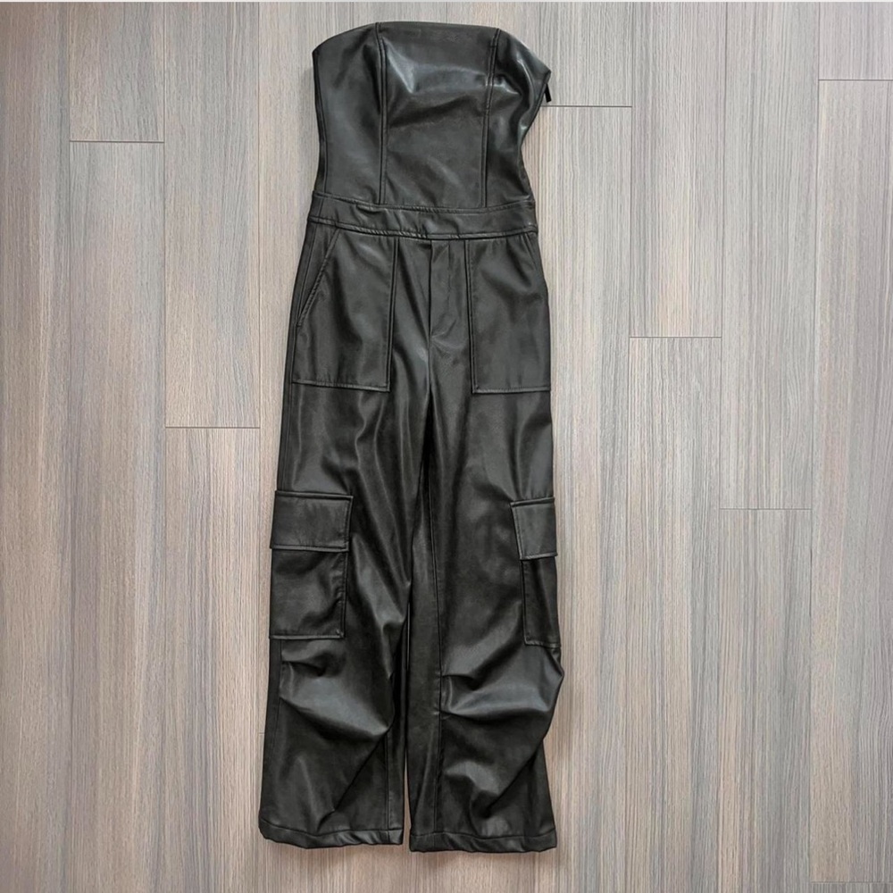 ZARA: Brown Faux Leather Strapless Jumpsuit